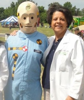 a female doctor with a Crash Dummy