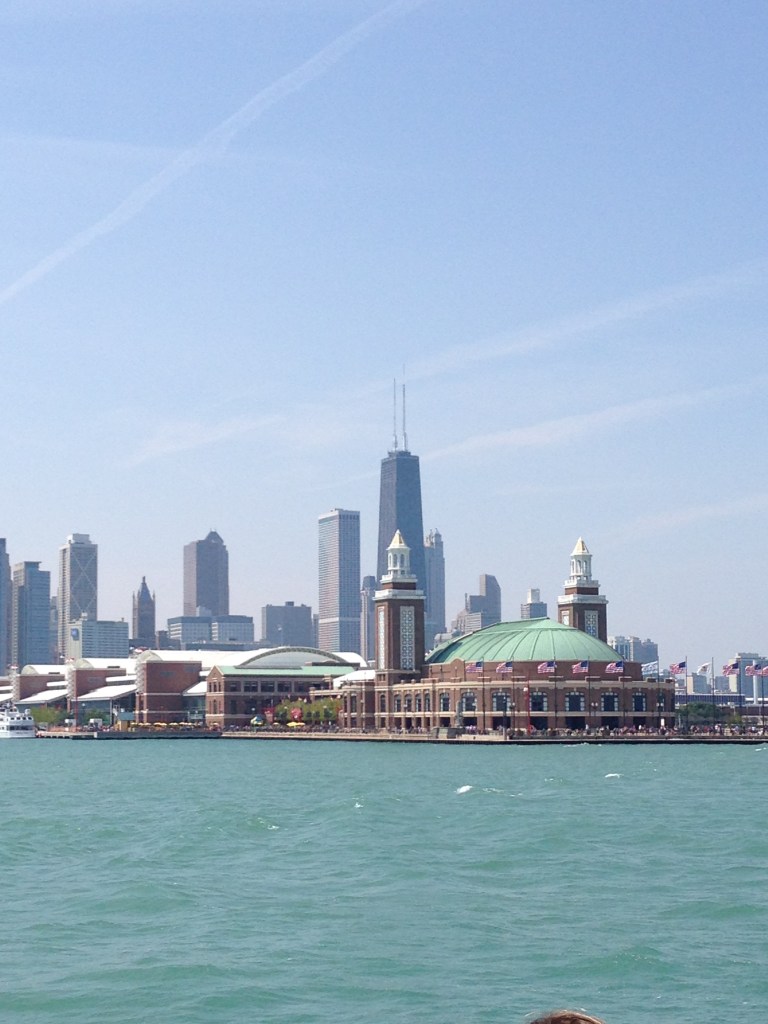 Chicago skyline from Lake Michigan with Navy Pier in foreground