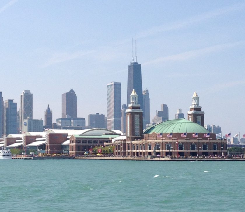 Chicago skyline from Lake Michigan with Navy Pier in foreground
