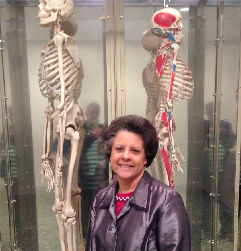 Dr. Aletha with 2 skeletons hanging in a museum