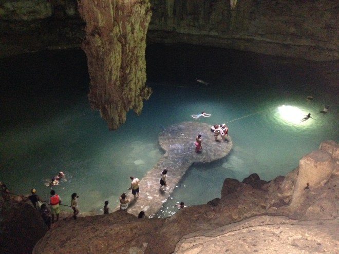 in a cenote, an underground lake 