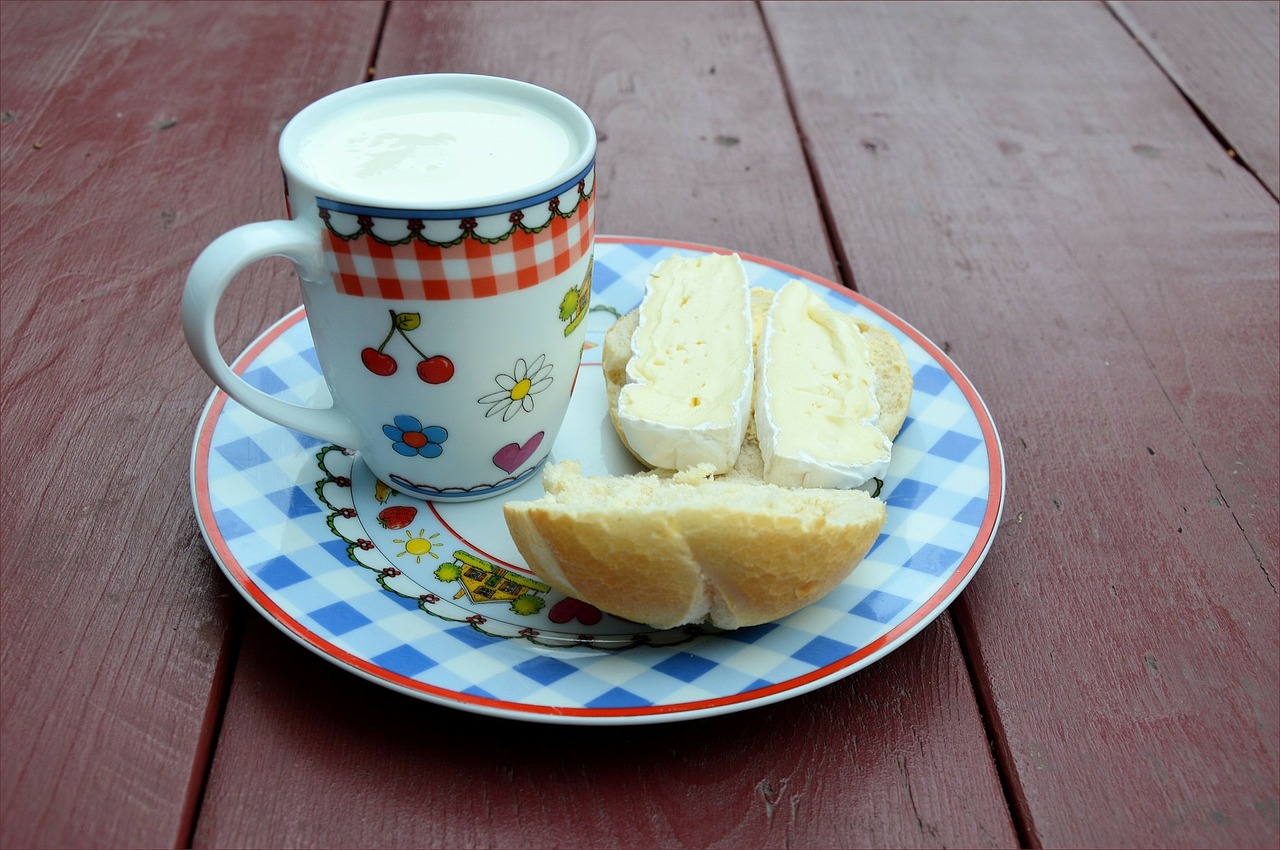 cup of milk, plate of bread