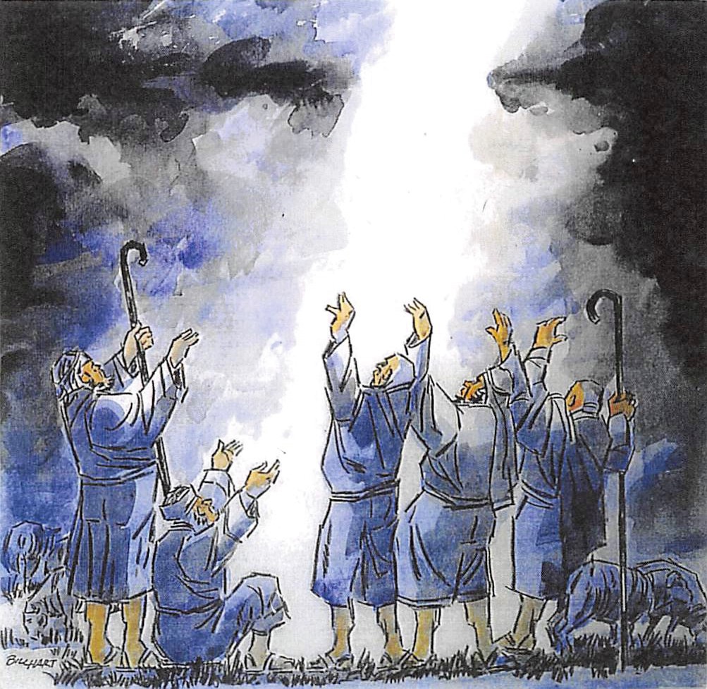 shepherds raising arms to the sky