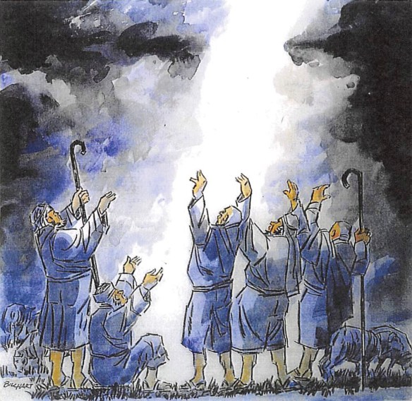 shepherds raising arms to the sky