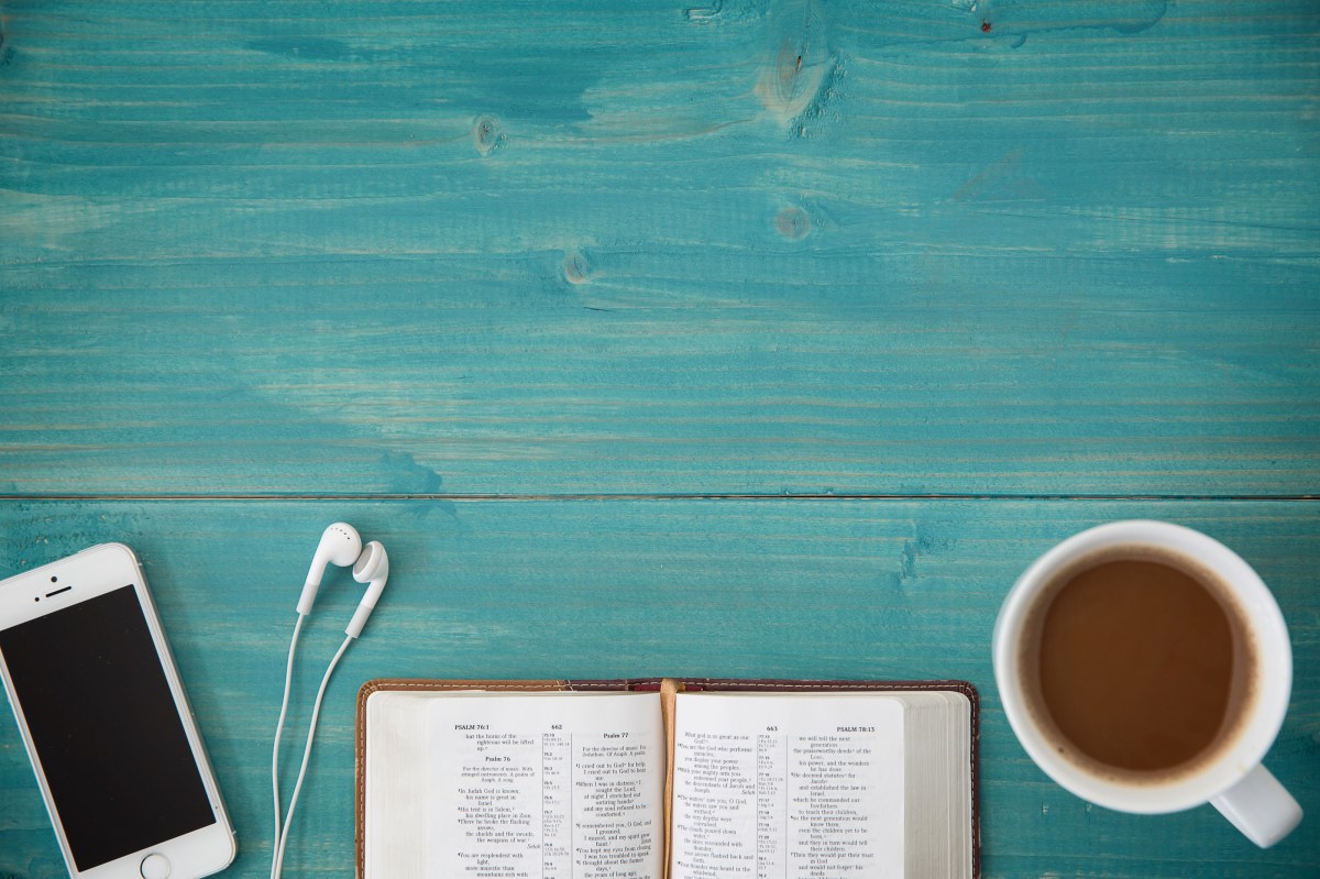 smart phone, Bible and cup of coffee