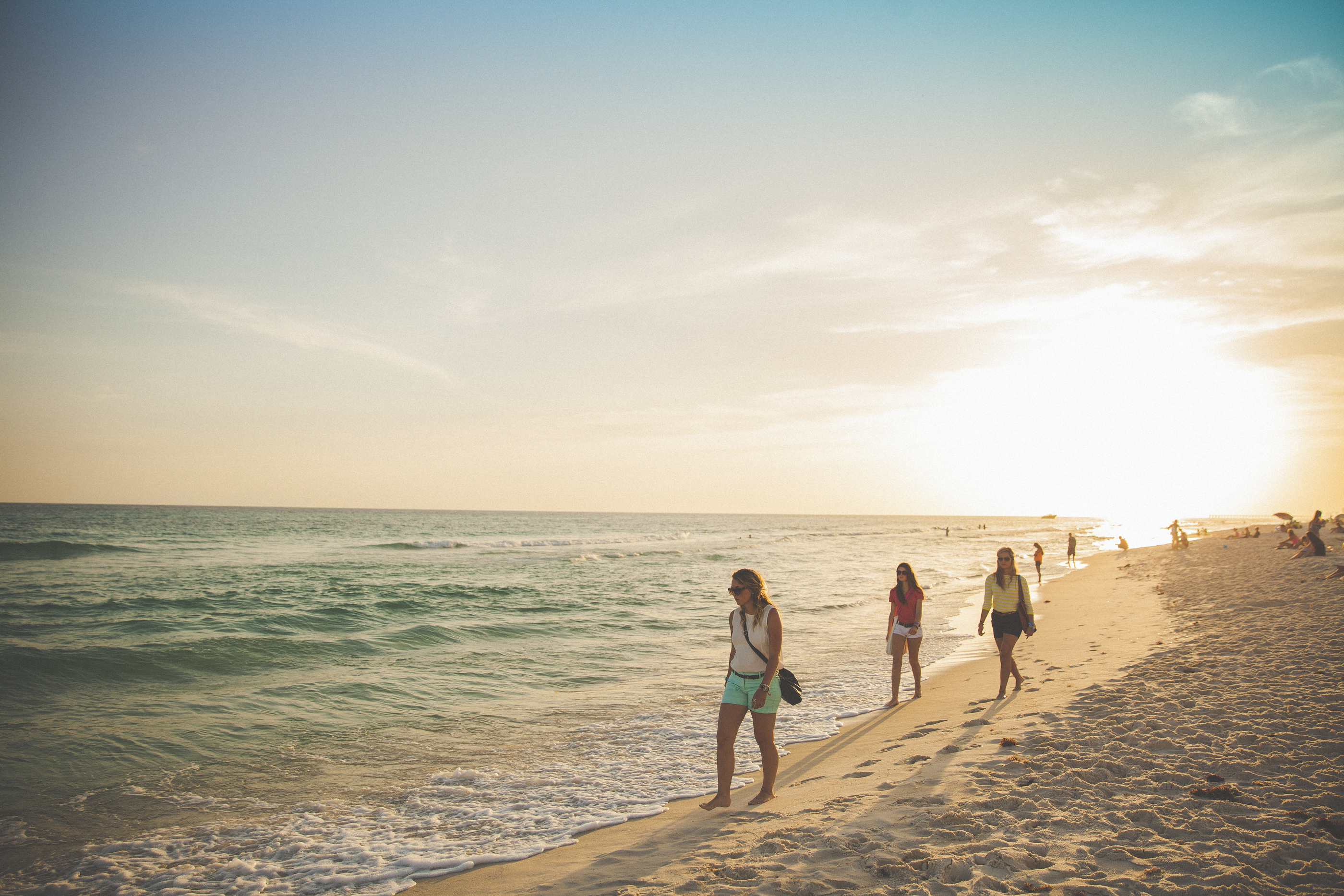 young women walking on a beach