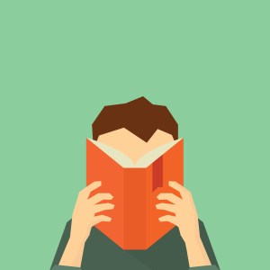 drawing of a man reading a book which hides his face