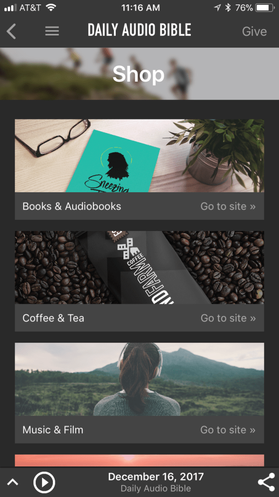 Give to Daily Audio Bible ; shop for books, audiobooks, coffee, tea, music and film