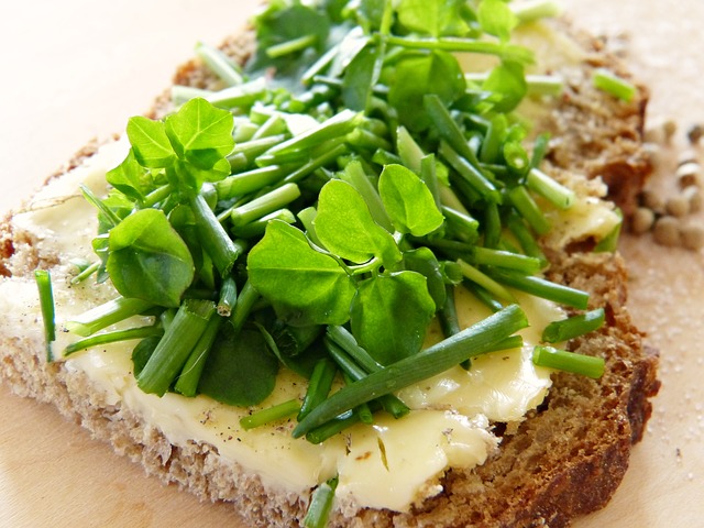 watercress leaves on bread