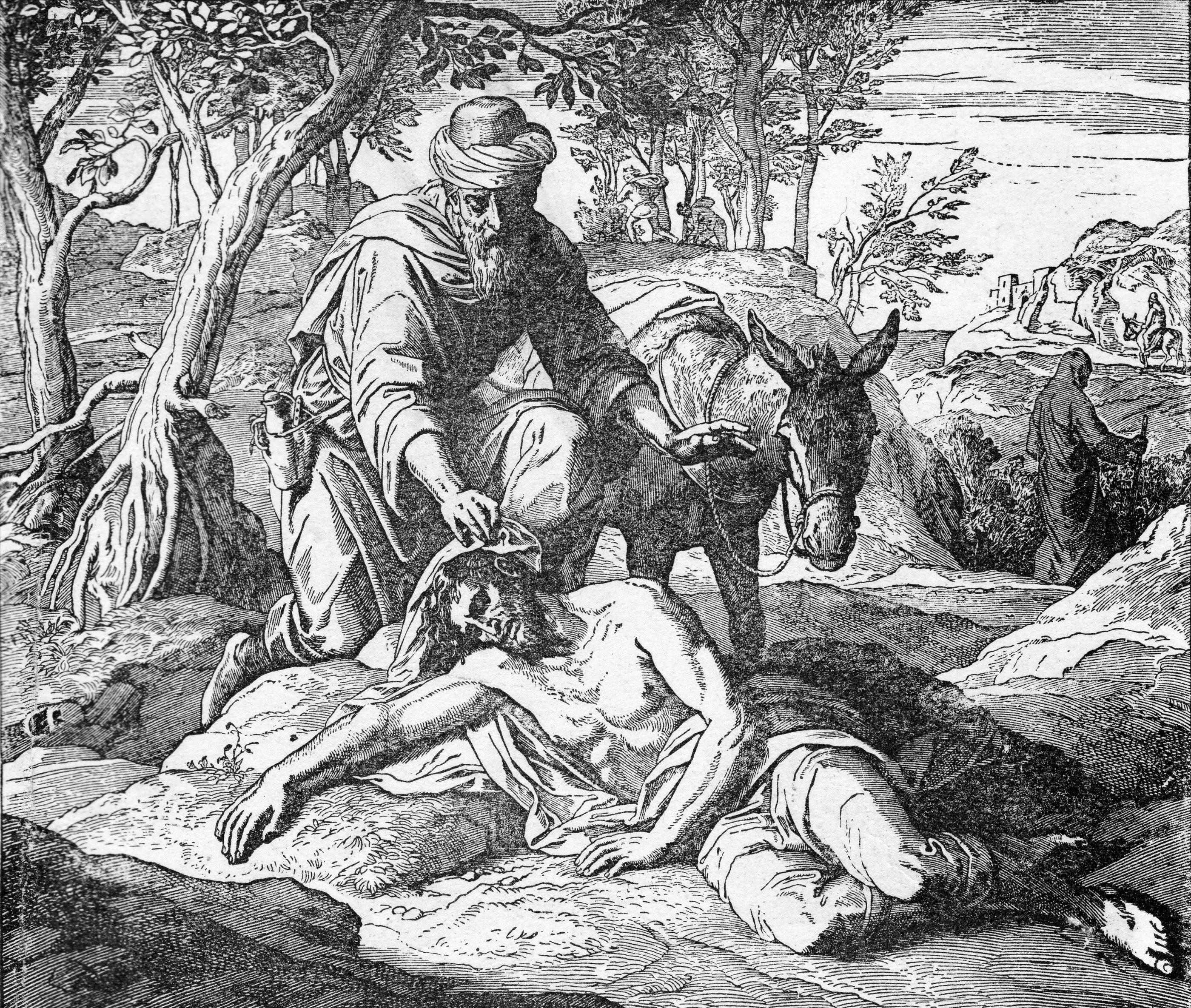 sketch of a man helping a wounded man lying on the ground-the good Samaritan