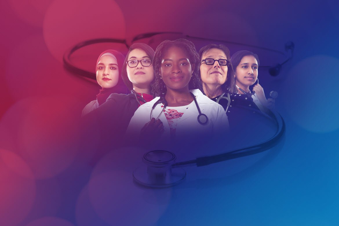 5 women physicians of varied ethnicity with stethoscopes around their necks
