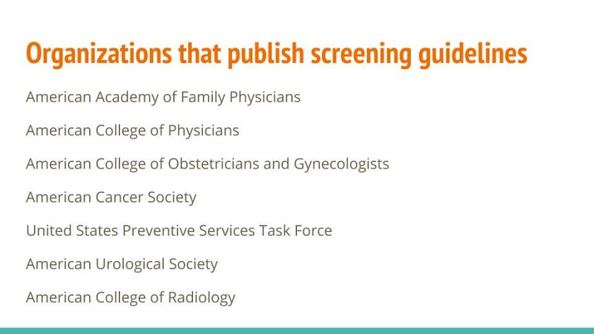 organizations that publish screening guidelines