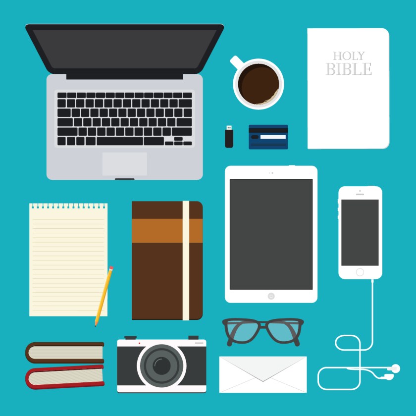 graphical depiction of electronic devices, paper, pencil, Bible, coffee mug