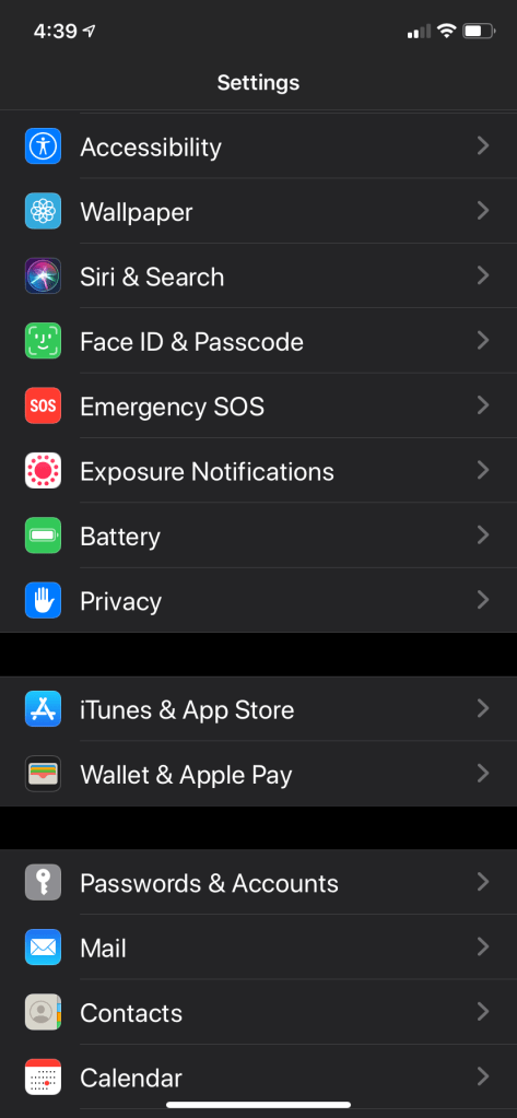 a phone screen shot of Settings
