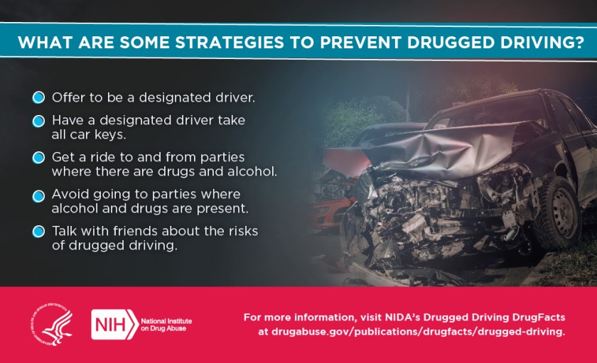 Strategies to prevent drugges driving-designated driver, one driver take all keys, get a ride to parties. 