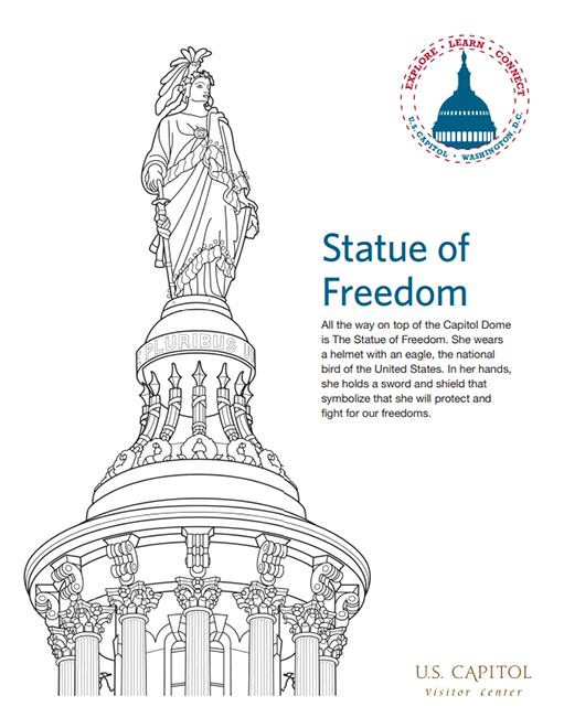 a coloring page depicting the Statue of Freedom on the U.S. Capitol Dome