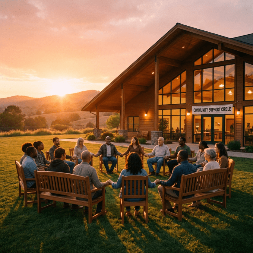 A diverse group of people sitting in a circle holding hands outside a community support center at sunset.