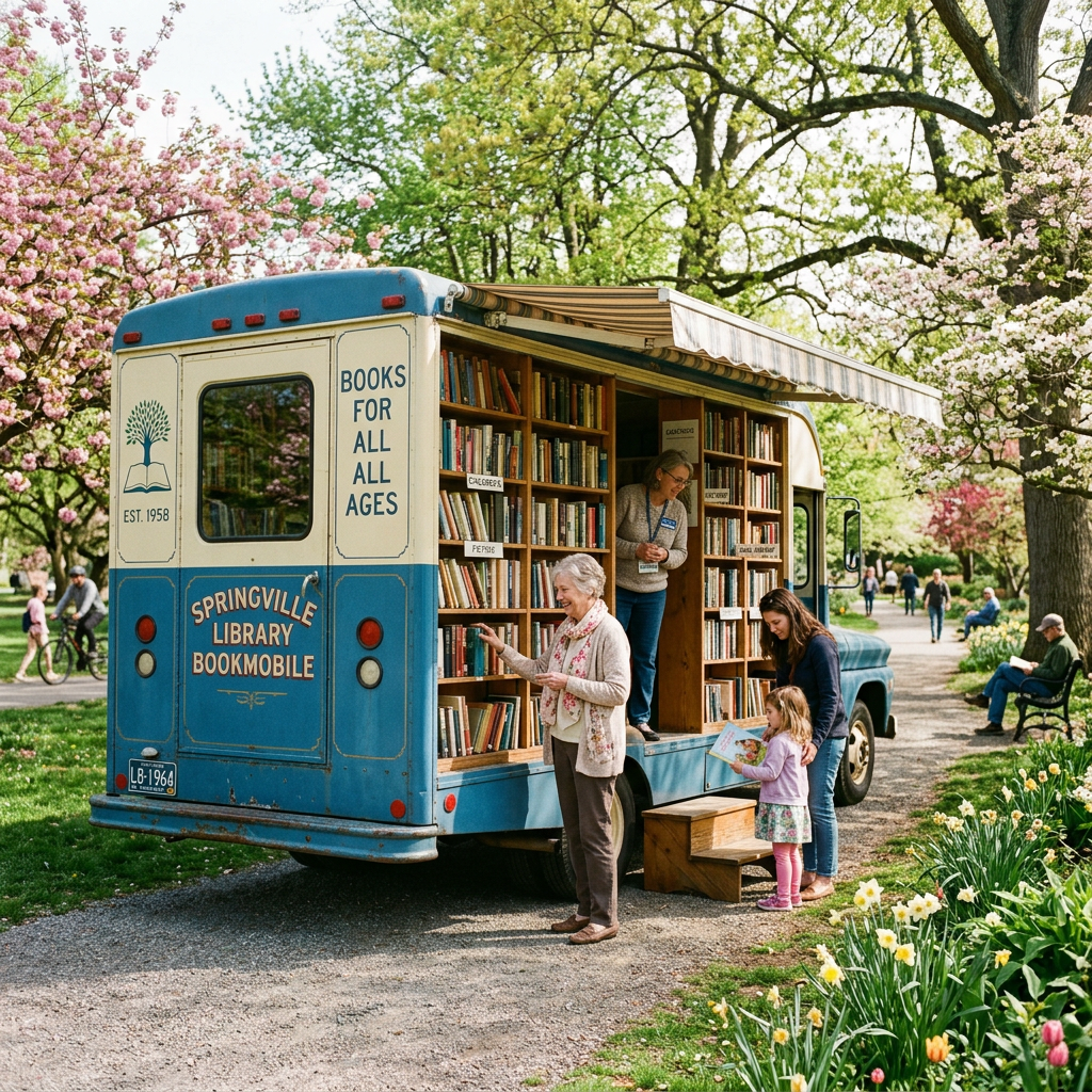 Springville Library bookmobile with people browsing books in a park