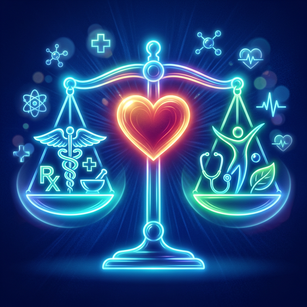 Neon scales balancing medical symbols and holistic health icons with a glowing heart in the center