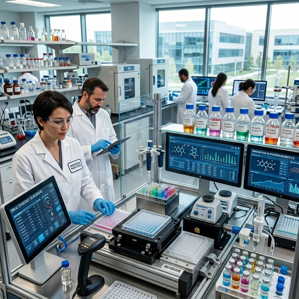 Laboratory automation with robot arm dispensing liquids into microplates during drug screening